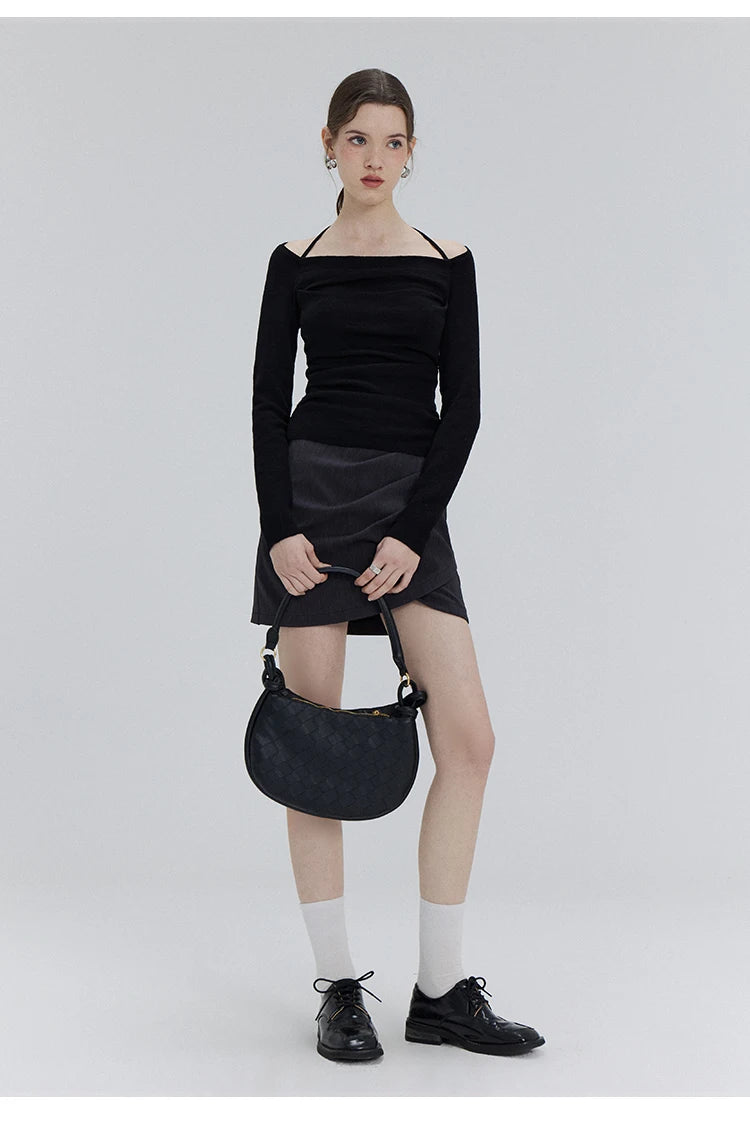 EGGKA Autumn One-shoulder Halter Neck Knitted Tops Women Slim Designer T-Shirts Slash Neck Long Sleeve Tops Korean Fashion Tees - SS69