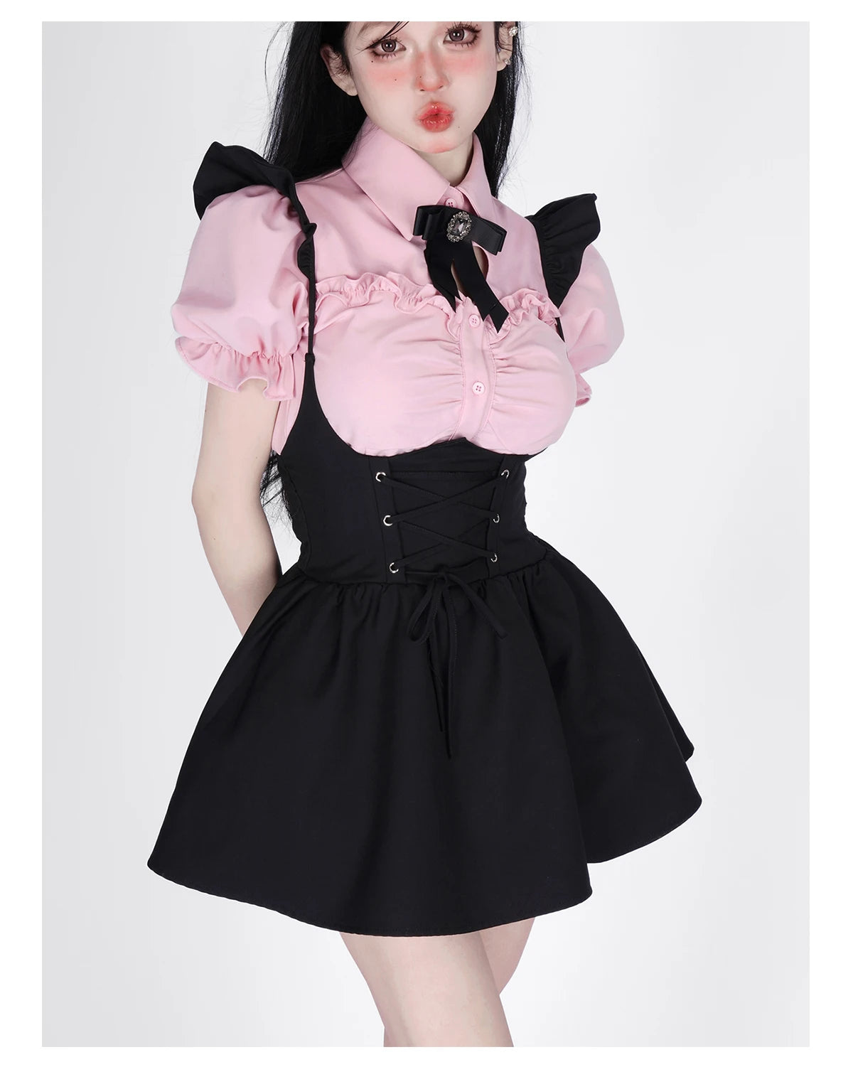 Summer Kawaii Clothing Pink Y2k Crop Tops Blouse + Black Mini Dress Two Piece Set for Women Casual Bodycon Korean Suit Chic SS69