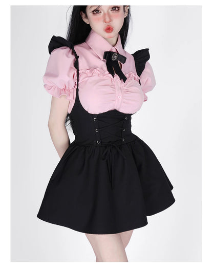 Summer Kawaii Clothing Pink Y2k Crop Tops Blouse + Black Mini Dress Two Piece Set for Women Casual Bodycon Korean Suit Chic SS69