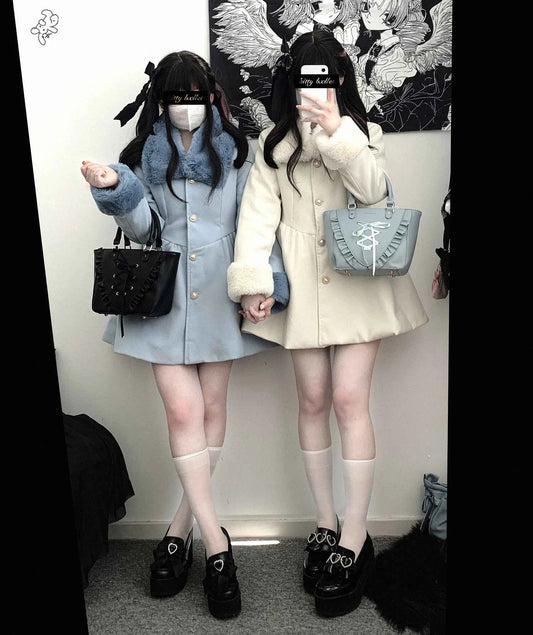 Original Japanese Sweet Imitation Woolen Coat Removable Fur Collar 2025 Winter Jacket Love Single-breasted Wool Overcoat Femlae