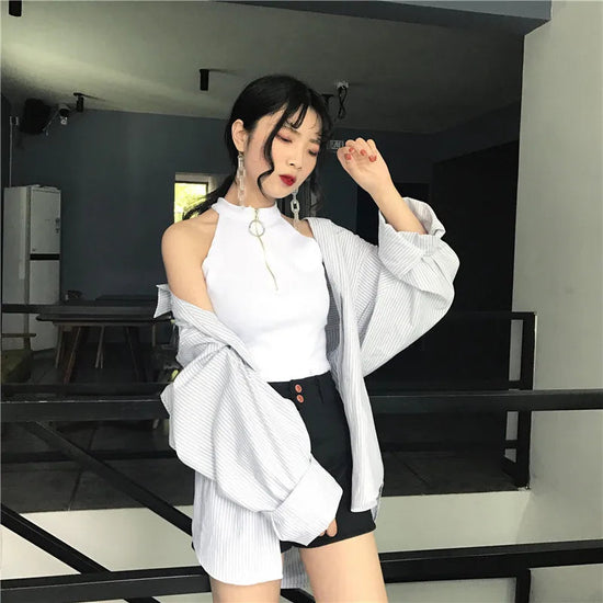Retro Zipper Crop Tops Women Short Knitted Camisole Sleeveless Leisure Tank Top Camis Summer 2022 New SS69 10.69 white crop top / S 30-40kg
