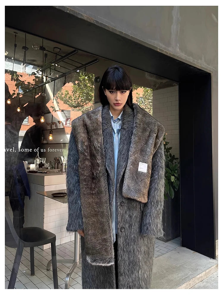 Mauroicardi Autumn Winter Oversized Extra Long Warm Thick Gray Wool & Blends Coat Women Loose Casual Fluffy Korean Fashion 2024