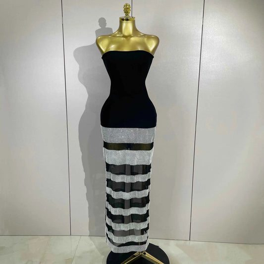 Elegangt Shiny Sexy Mesh Strapless Bodycon Long Bandage Dresses Women Club Birthday Evening Party Slim Celebrity Guest Dresses