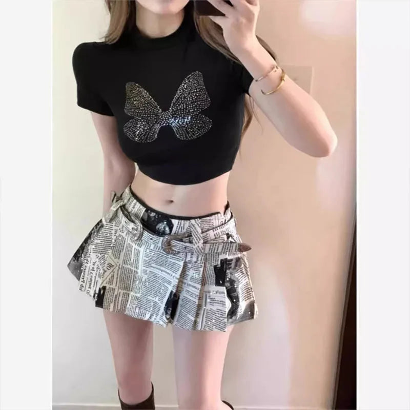 Sexy Newspaper Printed Skirt Women Summer Streetwear Belt High Waist A Line Short Pleated Skirts Girls Casual Shorts Saia Female
