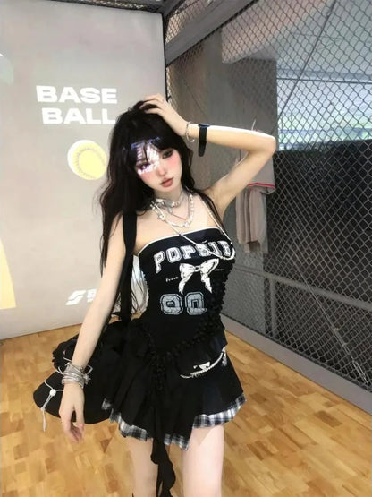 Irregular Sleeveless Chest Gothic Bow Female Short Blouse Cute Y2k Crop Tops Sweet Cool Korean Subculture Harajuku Match Color SS69