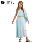 Girls light blue and white one-shoulder Greek nymph toga dress with a gold belt and trim.
