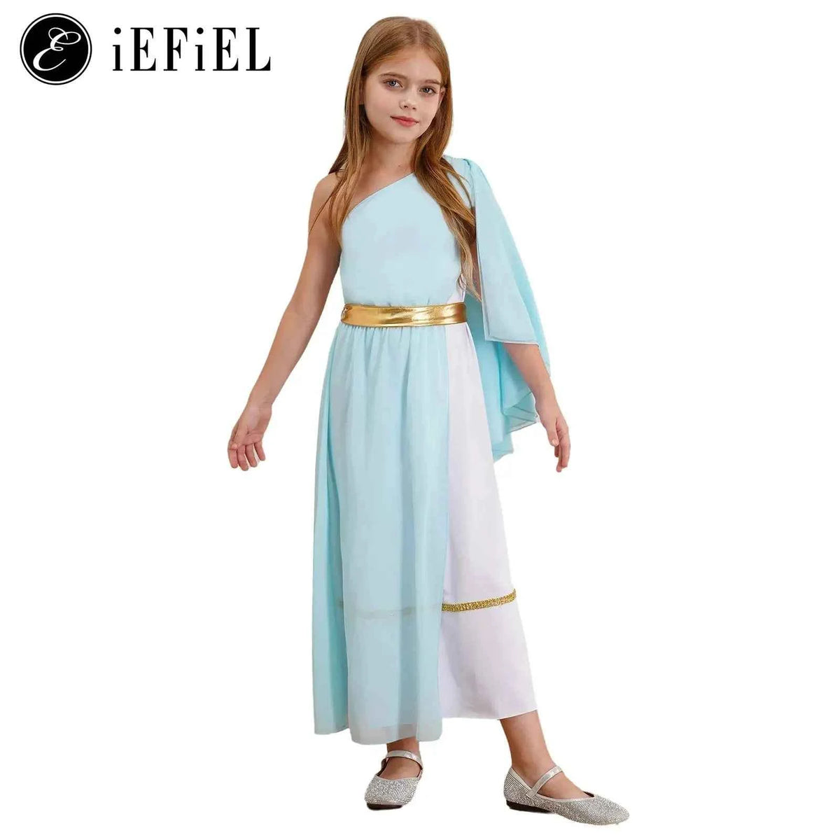 Girls light blue and white one-shoulder Greek nymph toga dress with a gold belt and trim.