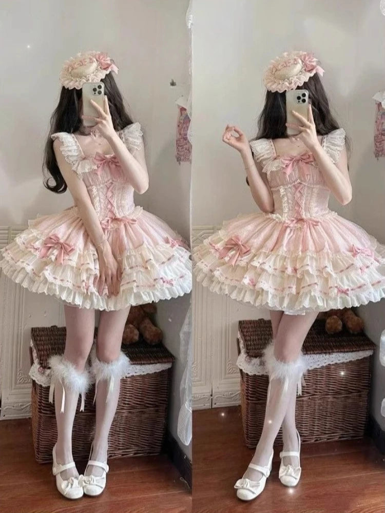 Y2K Lolita Vintage Dress Lace Sleeveless Cosplay Clothing French Strap Elegant Girls Party Japanese Kawaii Dress 2026 Summer