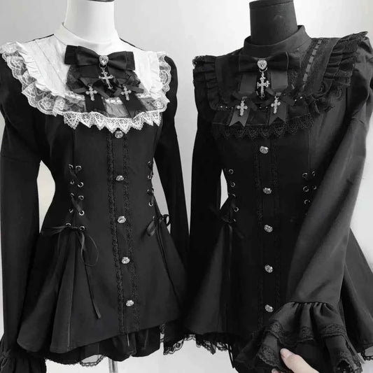 2025 Autumn Gothic Lolita Dress Sweet Heart Black Bow - Elegant Long Sleeve Short Dress with Lace Trim Slim Fit Waist for Women