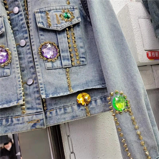 Color Gem Stitching Denim Coat Autumn New American Style Vintage Washed Beaded Rivet Street Fashion Short Jacket Women Trendy SS69