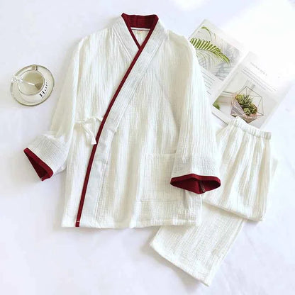 Japanese Style Spring and Autumn Thin Men's Kimono Hanfu Pure Cotton Gauze Pajamas Plus Size Home Steaming Suit