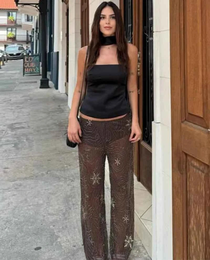 Women Fashion Translucent Sequin Pants Vintage Brown Elastic Waist Straight Trousers Spring Summer Holiday Party Pant