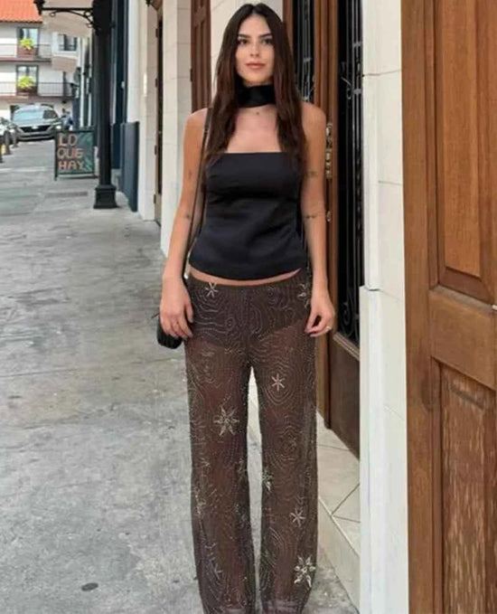 Women Fashion Translucent Sequin Pants Vintage Brown Elastic Waist Straight Trousers Spring Summer Holiday Party Pant