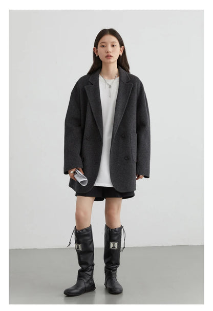 CHIC VEN Women's Woolen Coats Loose Casual Double Breasted Retro Double-sided Jacket Office Lady Outerwear Autumn Winter 2023