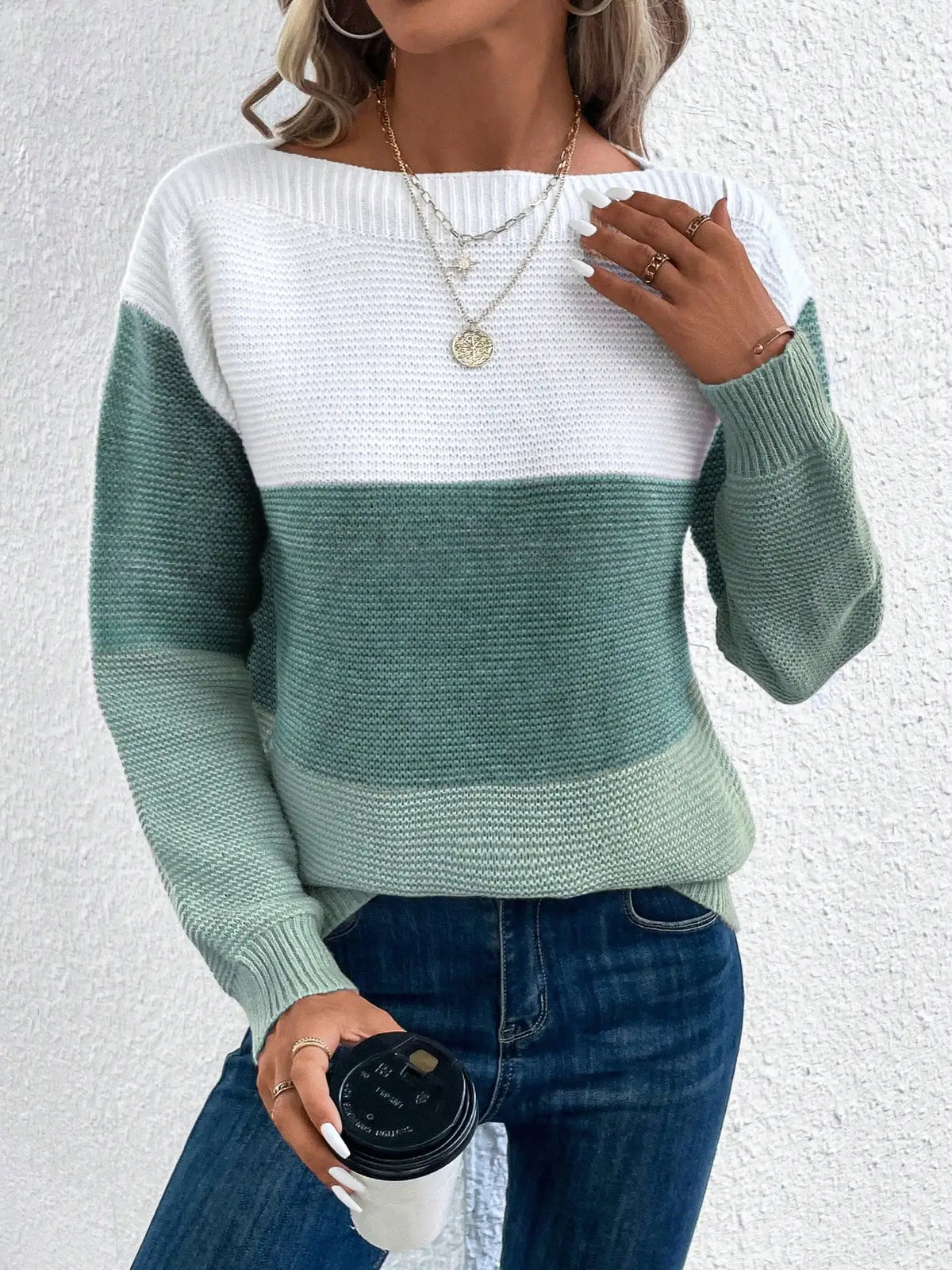 Women's Striped Patchwork Knit Sweater - Casual Loose Autumn/Winter Jumper