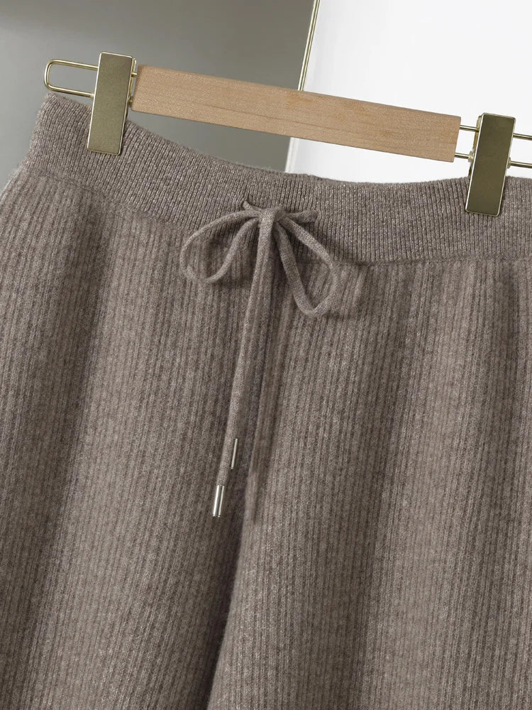 Yoyoselect New Popular Women Wide-Leg Wool Pants 100% Merino Wool Quality Soft Trousers Basic Casual Knitted Elastic Waist Slack SS69