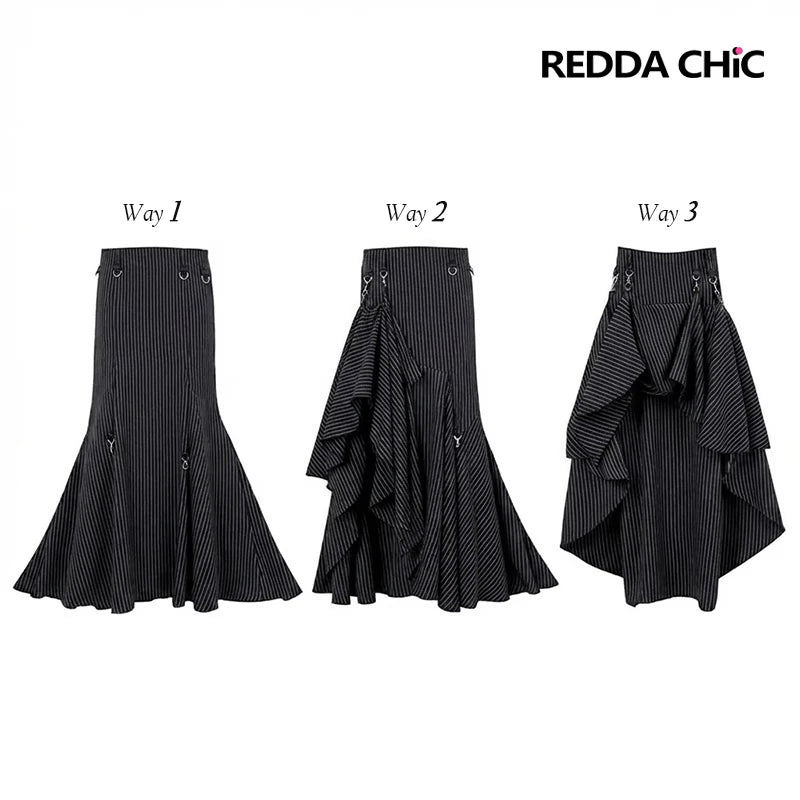 REDDACHiC Black Striped Suit Skirt Grunge Retro 3-Way Fishtail High-Low Maxi Long Train Skirt Gothic Woman Alternative Clothes