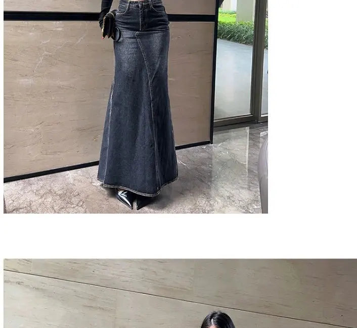 Maxi Skirt Women Casual Mermaid Streatwear High Waist Zipper Denim Skirts Y2k Streetwear Loose Long Mom Jeans Ankle Lenth Summer - SS69