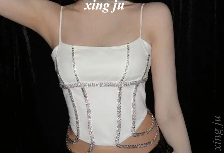 Women's White Sling Top & Leather Shorts Kpop Stage Performance Outfit