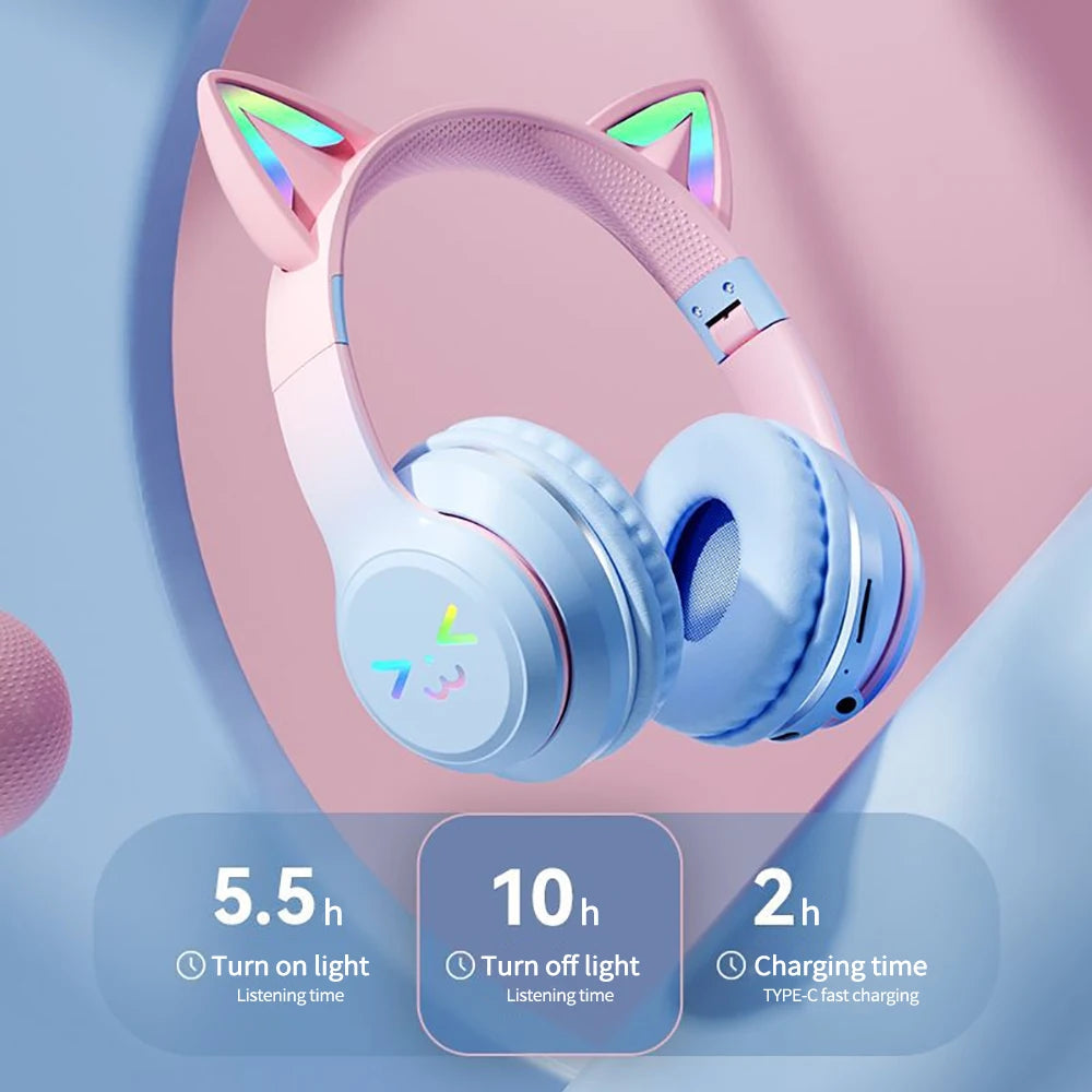 Gradient wireless Headphones RGB cute cat ear Bluetooth Earphones with microphone Stereo Music Game Earphone Girls Kids Gifts SS69