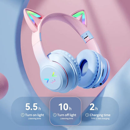 Gradient wireless Headphones RGB cute cat ear Bluetooth Earphones with microphone Stereo Music Game Earphone Girls Kids Gifts SS69