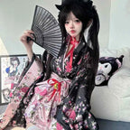 6pcs Traditional Japanese Kimono Robe Kawaii Pink Sakura Printed Bowknot Lolita Dress Halloween Party Geisha Cosplay Costumes