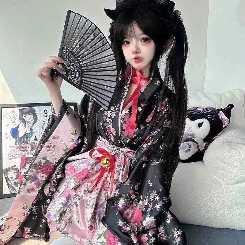 6pcs Traditional Japanese Kimono Robe Kawaii Pink Sakura Printed Bowknot Lolita Dress Halloween Party Geisha Cosplay Costumes