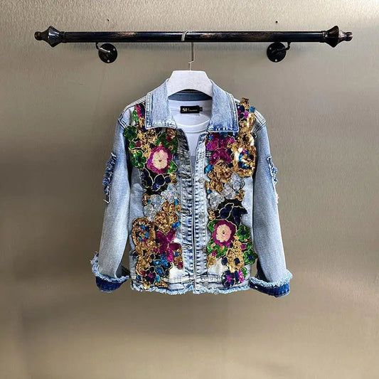 Retro Diamonds Embedding Floral Embroidery Denim Coat Spring Flowers Sequins Appliques Slim Jeans Jacket Cowboy Cardigan Jaqueta SS69 41.69 SKY BLUE / S