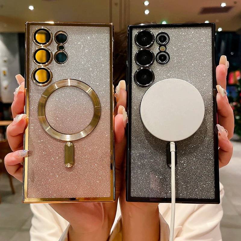 For Magsafe Plating Gradient Glitter Shockproof Phone Case For Samsung S25 S24 S23 S22 S21 S20 Ultra Plus FE Soft Bumper Cover SS69