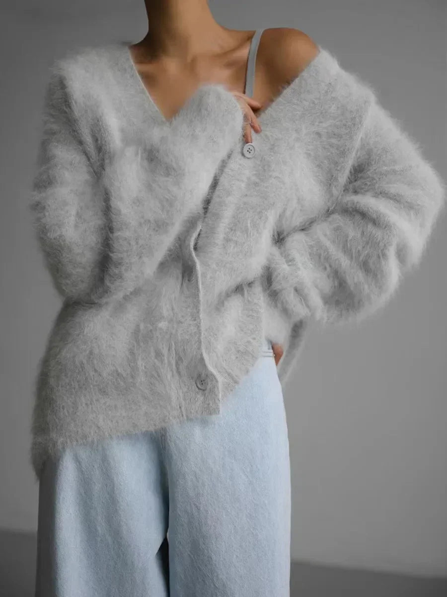 Women's V-Neck Cardigan Sweater Coat - Solid Knit, Single Breasted