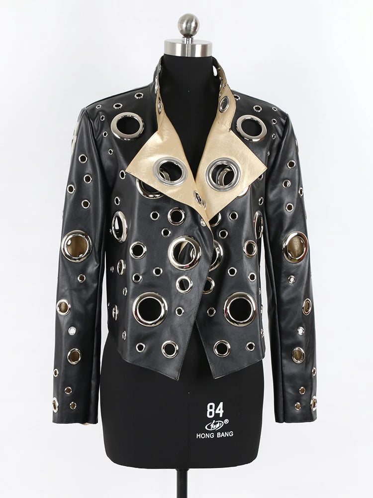 Nerazzurri Women's Faux Leather Jacket with Rivets & Hollow Out Detail