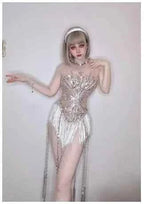 Sparkly Rhinestones Sequins Fringes for Women Stage Wear Leotard Sexy Mesh Transparent Performance Dance Costume Club Outfit