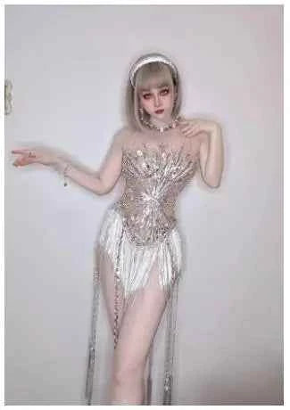 Sparkly Rhinestones Sequins Fringes for Women Stage Wear Leotard Sexy Mesh Transparent Performance Dance Costume Club Outfit