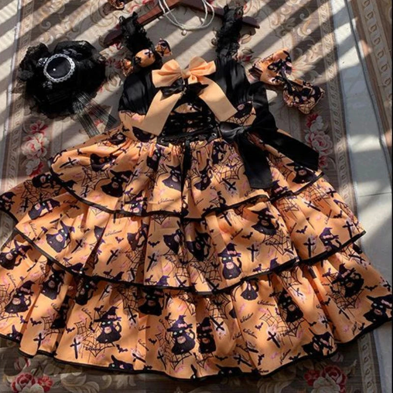 Victorian Sweet Black Pink Lolita Dress Women Kawaii Elegant Luxury Y2k Chic Retro Gothic Dresses Girls Witch Pattern Midi Dress SS69 50.69 Orange Jsk / XL
