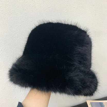 2025 Fluffy Faux Fur Bucket Hats Women Rabbit Fur Warm Thick Plush Winter Hat Lady Fashion Luxury Panama Furry Fisherman Cap Y2k
