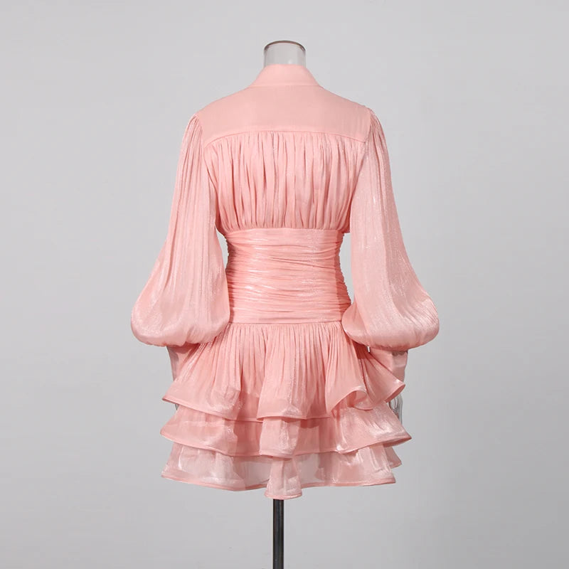 TWOTWINSTYLE Solid Spliced Ruffles Dress Female Stand Collar Long Sleeve Loose French Elegant Women's Dresses Autumn Fashion New