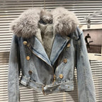 Winter Women Denim Coat Jacket Fox Collar Short  Warm High Street Outerwear Thicken Coat High Quality Luxury Design Party Wear