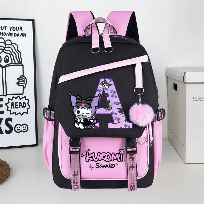 Sanrio Kuromi Large Capacity Backpack for Students Cartoon Letter A-Z Printed Schoolbag Fashion Book Stationery Storage Bag Gift SS69