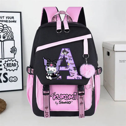 Sanrio Kuromi Large Capacity Backpack for Students Cartoon Letter A-Z Printed Schoolbag Fashion Book Stationery Storage Bag Gift SS69
