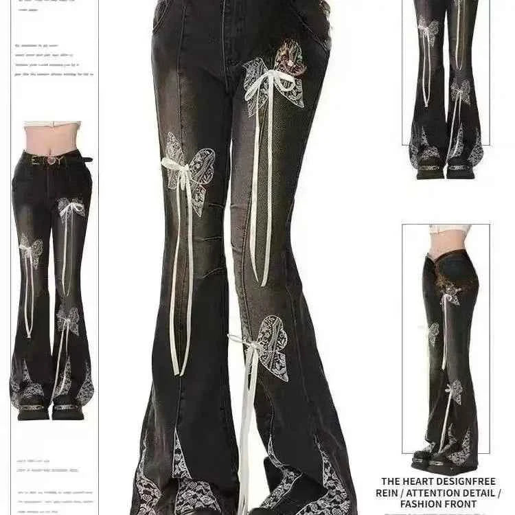 Vintage Slim Micro-flare Jeans Women Ins Fashionable Splicing Belt Edge Y2K Pants High Waist Straight American Street Trousers