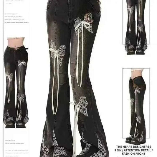 Vintage Slim Micro-flare Jeans Women Ins Fashionable Splicing Belt Edge Y2K Pants High Waist Straight American Street Trousers