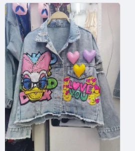 Fashion Brand Jeans Coat Women's Spring Autumn New Heavy Industry Cartoon Sequins Chaqueta High Street Loose-Fitting Denim Coats - SS69