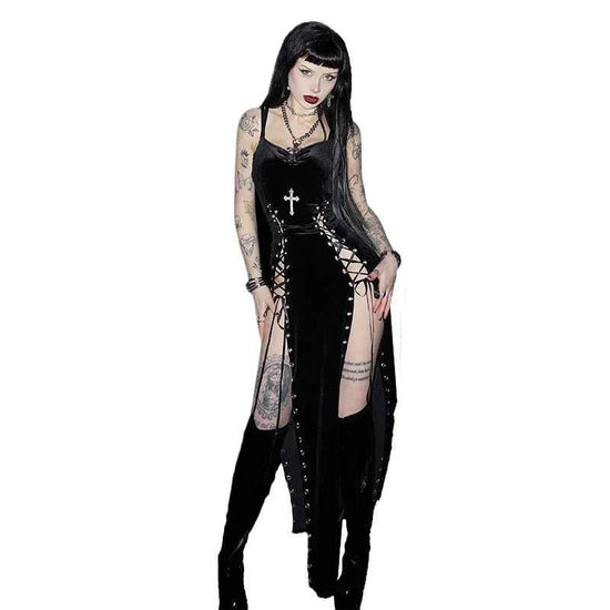 Punk Grunge High Split Hem Straps Dess 90s Streetwear Gown Women Sexy Corn Bandage Velvet Dresses Mall Gothic Clothing