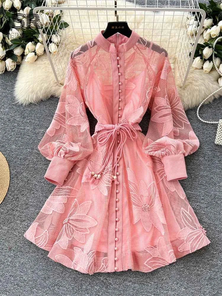 SINGREINY Women Elegant Floral Emboridery Dress Hollow Out Long Sleeve Single Breasted Belt French Court Chic Short A Line Dress