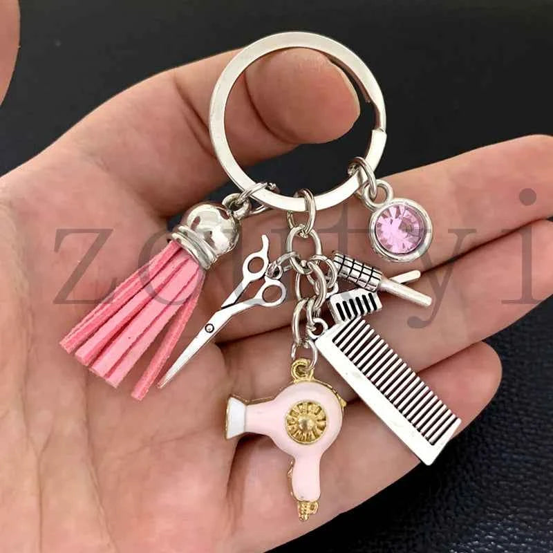 New fashion hairstyle gift charm tassel keychain retro jewelry mini hairdressing scissors hair dryer comb keychain DIY manual