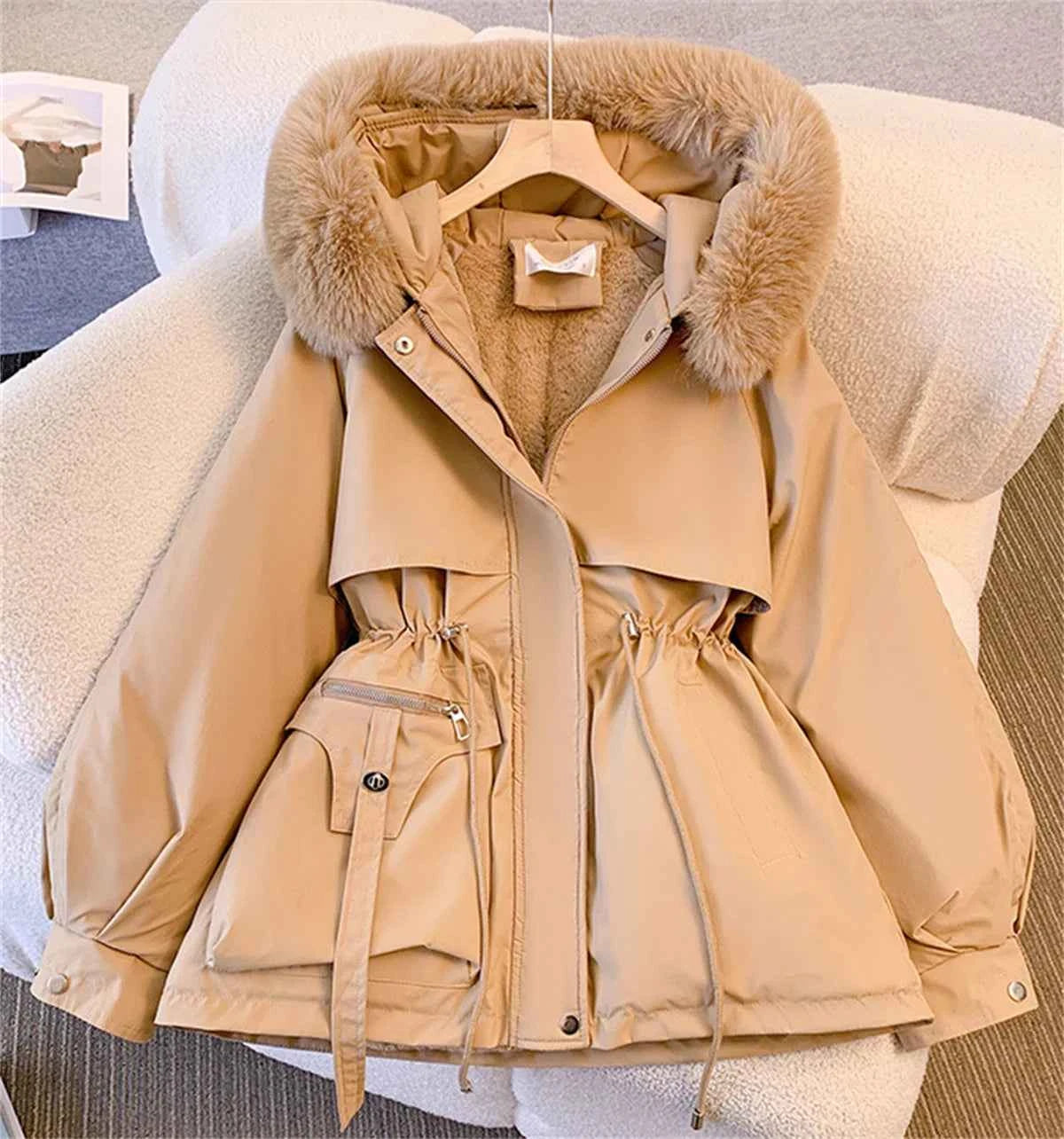 Women Autumn Winter Fashion Coats Korean Hooded Drawstring Padded Jackets Solid Female Casual Street Outfit Coat Zip Up Parkas