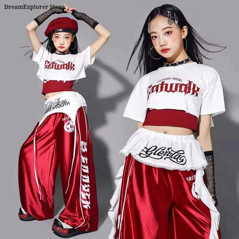 Girls K-pop Crop Top Shiny Joggers Pants Children Streetwear Girl Group Costume Kids Teen Hip Hop Jazz Street Dance Clothes Sets