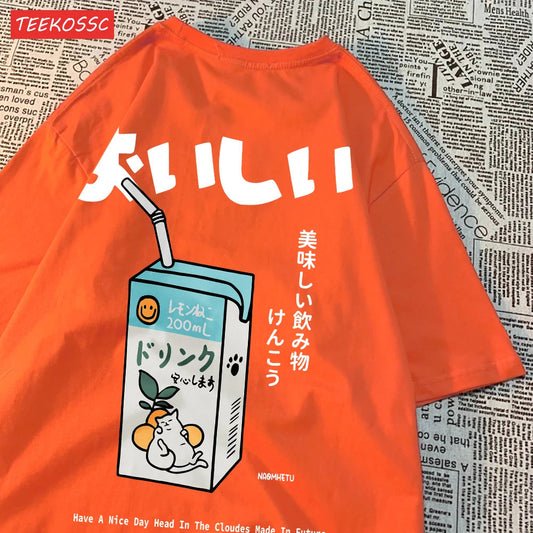 Cute Japanese Cat Print Oversized T-shirt Women Men Short Sleeve Loose Casual Tee Shirt Streetwear Tops Cotton Harajuku Clothing SS69 13.69 Orange / XL