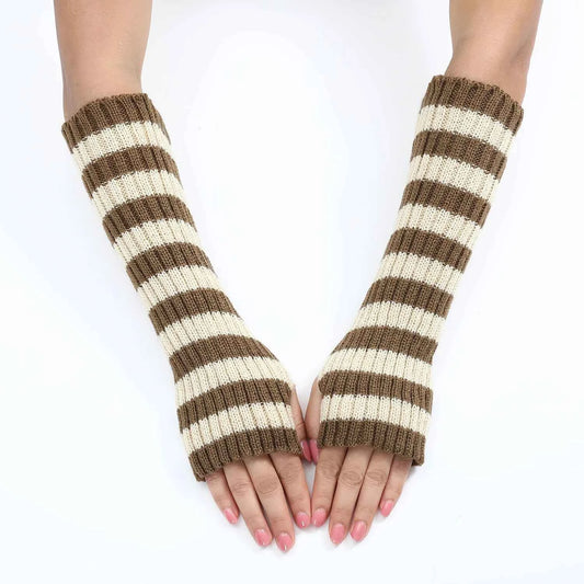 Women's Knitted Fingerless Arm Sleeves Gothic Style Striped Winter Long Arm Warmers Girls Harajuku Y2K Fashion Wrist Gloves