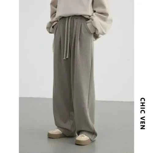 CHIC VEN Women's Pant Streetwear Solid Loose New Drawstring Sports Casual Trousers High Waisted Pants Autumn Winter 2025